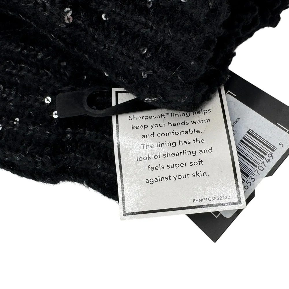Isotoner Black Sequin Womens Mittens Cable Knit Sherpasoft Lining Shimmer Cozy - Picture 9 of 10